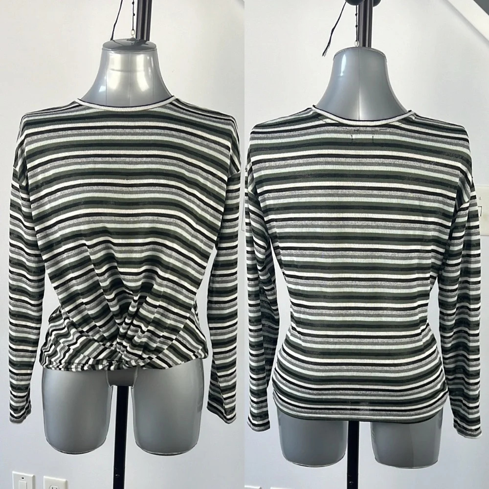 Striped Long-Sleeve Twist Hem Top in Olive/Gray